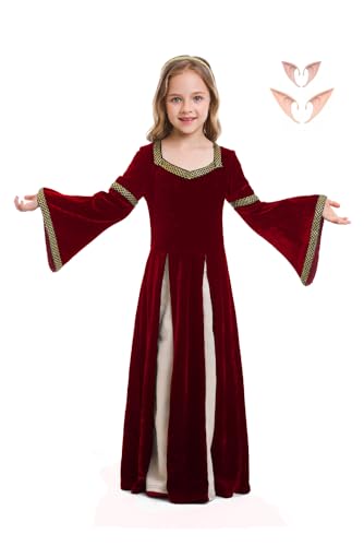 Girls Ren Faire Dress Elf Ears Kids Medieval Renaissance Costumes Victorian Halloween Outfits Over 3 Years Red