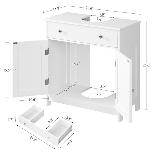 Image of TEENFON Pedestal Sink Storage Cabinet with 2 Doors and Drawer, Bathroom Sink Cabinet, Under Sink Storage with U-Shape Cut-Out, White