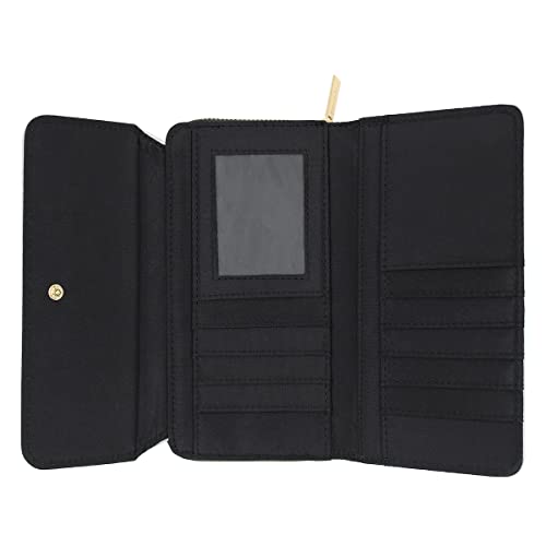 Premium Saffiano Vegan Pu Leather Flap Wallet Zip Around Clutch Phone Organizer, Quilted Black #TOP4