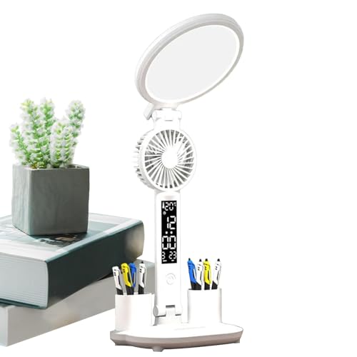 Lámpara de escritorio con ventilador | Batería recargable por USB de 2000 mAh, lámpara de escritorio plegable, luz nocturna, soporte para teléfono con control táctil, medidor de temperatura