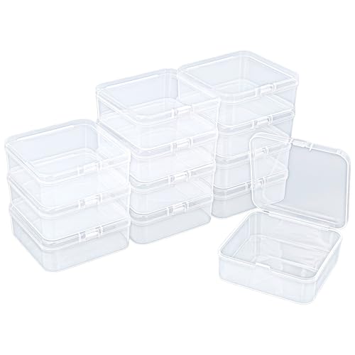 Image of 12 Pieces Square Empty Mini Clear Plastic Storage Box, 3.35x3.35x1.38 inch | Hinged Lids, For Small Items, Craft Projects