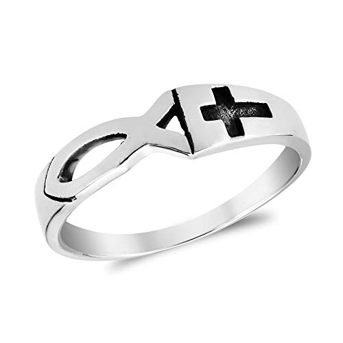AeraVida Meaningful Christian Fish & Cross .925 Sterling Silver Ring | Adorable e Wedding Rings For Women | Chic Comfort Fit Silver Rings for Women | Promise Ring | Sterling Silver Rings Sizes 5-12