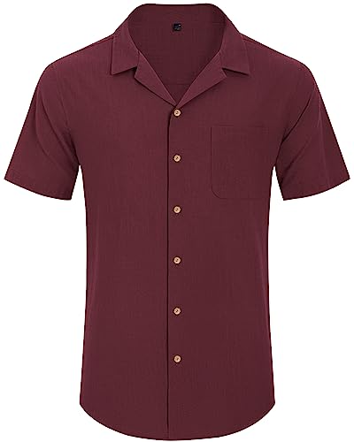 Image of Alimens & Gentle Mens Linen Shirts Cotton Hawaiian Shirts Short Sleeve Button Down Shirts Casual Summer Beach Tops