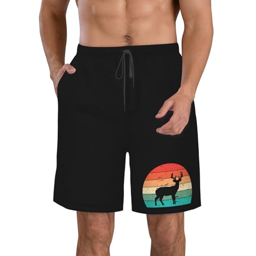 Mens Swim Trunks Vintage Odocoileus Virginianus Retro Sunset Board Shorts,Hawaii Beach Shorts Swimwear Bathing Suits,