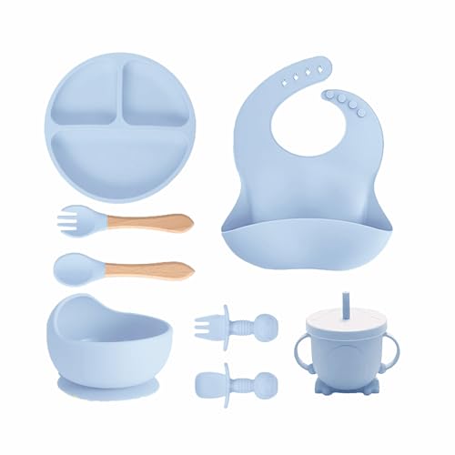 Image of Kids Station 8-Piece Silicone Baby Feeding Set | Suction Bowl, Plate, Bib, Cup, Spoon & Fork | 100% Food Grade BPA-Free Silicone | Non-Slip, Easy to Clean (Pack of 8, Blue)