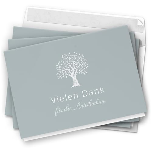 Danksagungskarten Trauer 10 Klappkarten mit Umschlägen Motiv: Baum Blau Grau Trauerkarten Danksagung mit Text Dankeskarten Trauer nach Beerdigung