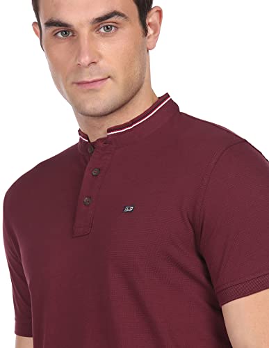 Arrow Men Red Mandarin Collar Textured Polo Shirt