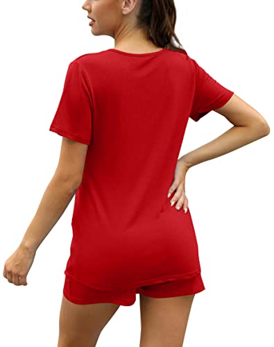 Aloodor Pajamas For Women Short Sleeve 2 Piece Outfits Nother's Day Gifts For Mom V Neck Lounge Sets Comfy Summer Red Xl #TOP2