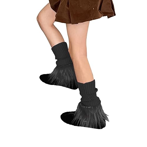Image of Women Leg Warmer Girls Faux Fur Trim Knitted Leg Cover Lolita Winter Warm Long Socks Furry Boot Cuff
