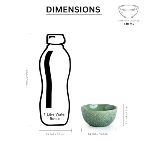 Image of ExclusiveLane 'Mandala Duo' Hand Glazed Ceramic Bowls for Serving Bowl Set (Set of 2, 440 ml, Microwave Safe, Dishwasher Safe, Green) | Kitchen Bowl Ceramic Serving Bowls for Snacks Serveware