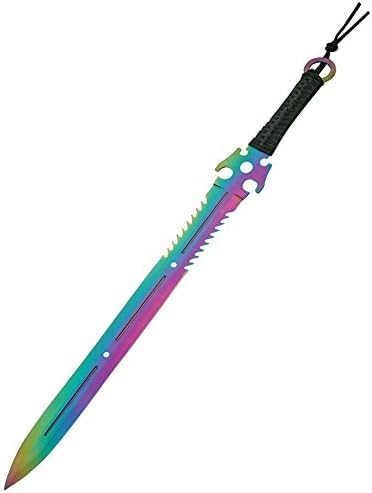 SZCO 27" Ninja Sword Set – 3-Piece Full Tang Rainbow Blade with Throwing Knives, Tactical Stainless Steel Sword, Black Cord-Wrapped Handle & Nylon Sheath