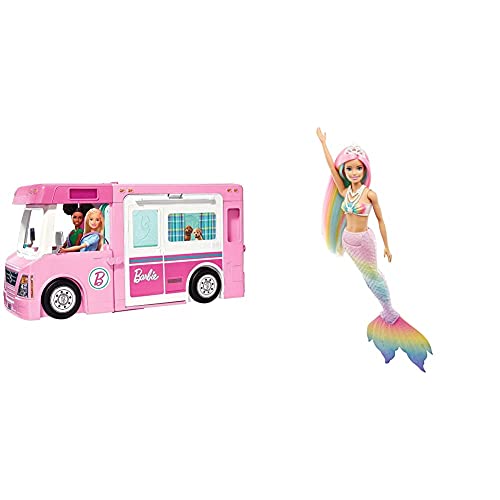 Barbie GHL93-3-in-1 Super Abenteuer-Camper mit Zubehör, Camping Wohnwagen für Puppen & GTF89 - Dreamtopia…
