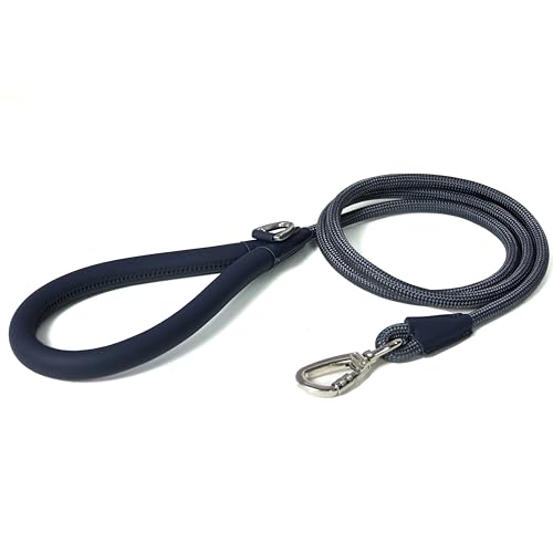 レザーハンドル 犬用リード 強化ナイロンロープ 中型・大型犬対応 ロングリード 快適グリップ 丈夫 散歩 トレーニング用 (ネイビー, 182cm)