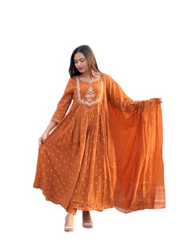 Women's Cotton Embroidery Anarkali Kurti and Pant with Dupatta Se...