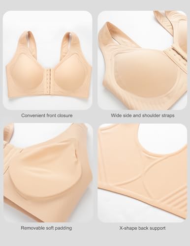Image of Seamless Front Closure Bras for Women No Underwire Back Support Bra Full Coverage(Beige,XX-Large)