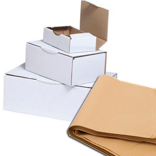 25 Cajas Automontables Blancas 33x30x15cm (Interiores) + 25/30 Hojas de Papel Manila (60x43cm), Cajas Postales de Cartón Ideal para E-Commerce y Envío Seguro (33x30x15cm - 25 Blancas +25/30 Papel)
