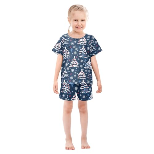 ALAZA Christmas Tree Snowflake Blue Pajamas Set Short Sleeve Cotton Sleepwear Summer Pjs 2 Piece 5-14Y3