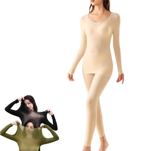 BeerMmay Ropa interior térmica elástica sin costuras para mujer, alta elasticidad, ligera, cálida, ultrasuave, transpirable, antiestática, color carne, L