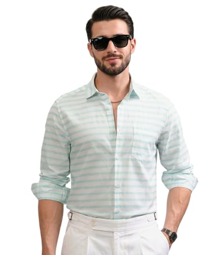 Image of IndoPrimo Men's Striped Casual Shirt | Premium Cotton Formal Shirt for Man | Slim Fit Full Sleeve Strip with Pocket | Office, Business & Smart Casual Wear