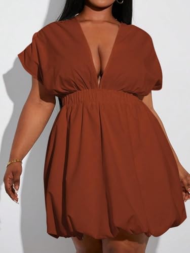 Image of WDIRARA Women's Plus Size Deep V Neck Bubble Dress Short Sleeve A Line Mini Dresses
