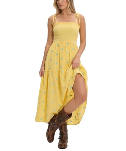 Image of Women Floral Embroidered Maxi Dress Boho Sleeveless Tie Strap Shoulder Dresses Smocked Summer Sundress with Pockets