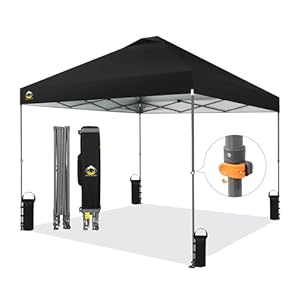CROWN SHADES Adjustable Height on The Fly 10×10 Pop Up Canopy Beach Tent with One Push Setup Easy Outdoor Sun Shade for Events Parties Camping Outside Shade with STO N Go Bag Black