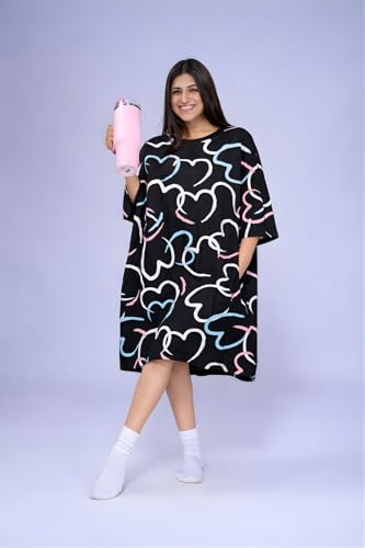 Image of LAMA STORE Women's Printed Oversized T-Shirt Dress, Cotton, 3 /4 Sleeve Length, Casual Loose Fit, Comfort Wear Extra Comfy Oversized Printed Pocket T-Shirt Dress