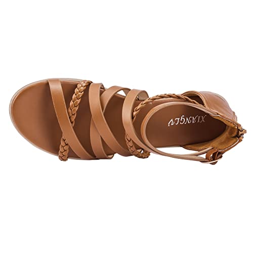 YEOJOU Gladiator Sandals for Women Strappy Leather Flat Sandals Open Toe Ankle Strap Back Zipper Comfortable Dressy Summer Shoes2