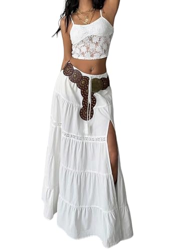 Verdusa Women's Boho Western Lace Long Skirt Drawstring Waist Layered Ruffle Skirts