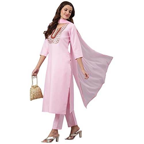 Kurta droite en coton fluide contre la chaleur avec pantalon rose