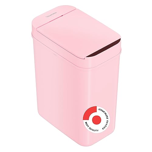 Image of iTouchless 3 Gallon Sensor Bathroom Trash Can, 10 Liter Slim Touchless Automatic Small Garbage Bin with Lid, Narrow Smart Motion Control Commercial Wastebasket for Bedroom, Office, Pink Plastic