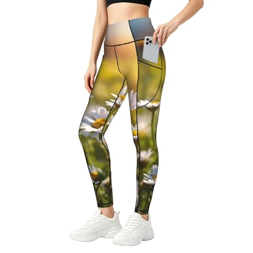 Leggings de margaritas de alta elasticidad con bolsillos para mujer: diseño floral premium