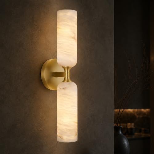 Image of 20in Alabaster Wall Sconce Antique Brass Sconces Wall Light, Imported Alabaster Modern Marble Bathroom Vanity Sconces, Gold Sconce Wall Decor, For Bedroom Living Room Staircases Hallway Foyer (1 Pcs)