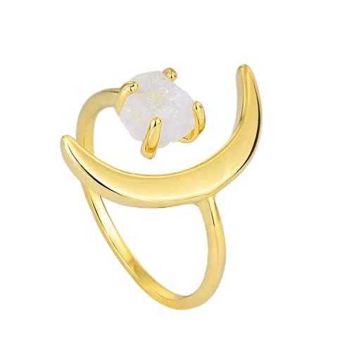 Dtja Crescent Moon Adjustable Open Band Ring for Women Girls 14K Gold Plated Statement Artificial Purple Crystal Stone Finger Rings Comfort Fit Fashion Birthday Wedding Valentine Jewelry Gift
