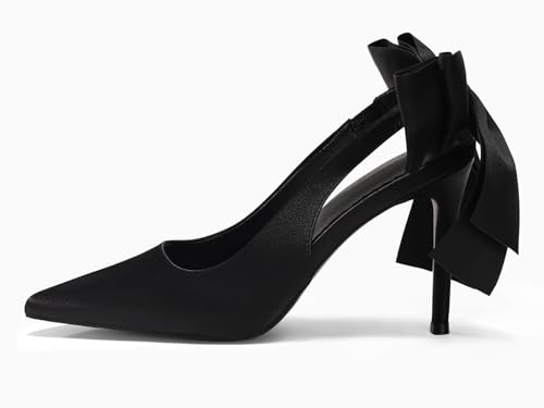 Image of Coutgo Womens Slingback High Heels with Bow Closed Pointed Toe Wedding Bride Dress Shoes Satin Pumps