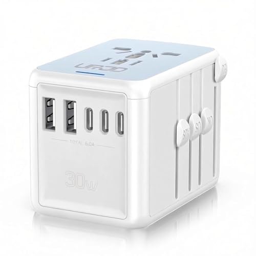 URJD Universal Travel Adapter, 30W 5 USB C/A Ports, 2500W AC Outlet, International Power Adapter for All USB Devices, Multi Plugs 110V 220V A/C, European Travel Plug Adapter for 200+ Countries (White)