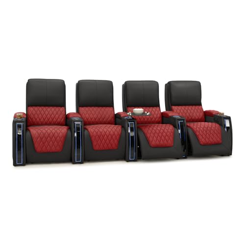 Image of Seatcraft Apex Red /Black Italian Leather Home Theater Seating, Zero Gravity Power Recliner Chair, Powered Headrest and Lumbar Gaming and Lounge Sofa Furniture for Cinema Room, Row of 4