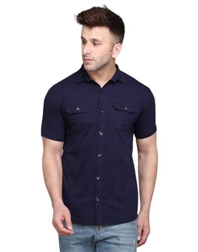 Image of Men's Half Sleeve Shirt - Spread Collar Casual Shirt with Double Flap Pockets - Slim Fit Cotton Blend Button-Down