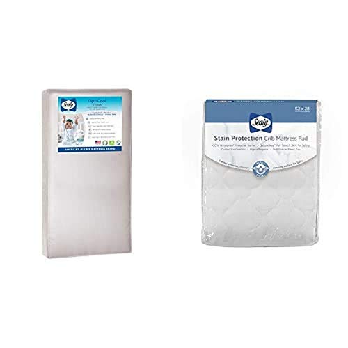 Image of Sealy Baby OptiCool 2-Stage Dual Firmness Waterproof Standard Toddler & Baby Crib Mattress and Stain Protection Waterproof Fitted Crib Mattress Pad
