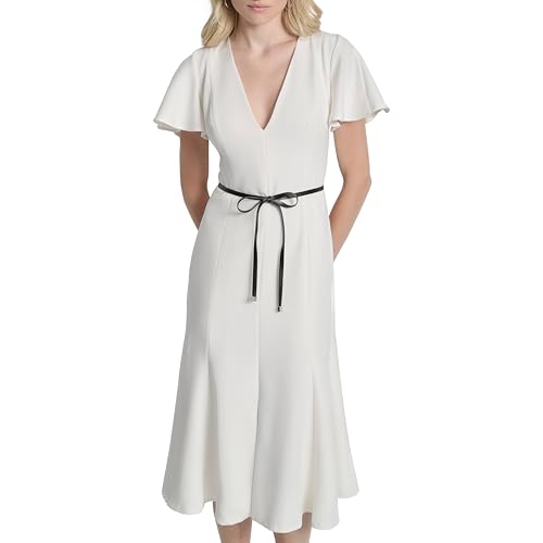 Image of DKNY Women's Short Flutter Sleeve V-Neck Tie Belt Fit and Flare Dress