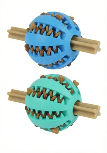TC Toys - 2-Pack Dog Treat Dispenser Balls (7cm) Interactive Rubber Puzzle Toy for Boredom & IQ Training Tough Teeth Cleaning Chew Ball for Medium/Large Dogs Slow Feeder & Gum Massage Blue/Tea