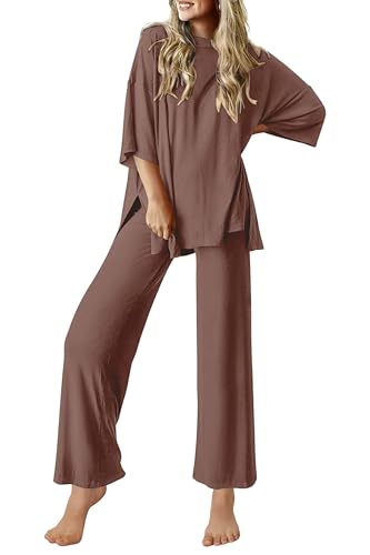 Image of Ekouaer Lounge Sets for Women Short Sleeve Tops and Long Pants Soft Comfy Pajamas Set 2 Piece Outfits