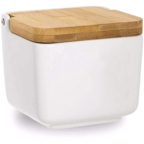 Dream Hogar Salero Cocina Original con Tapa Bambu Ceramica Blanco 12x12x11 cm