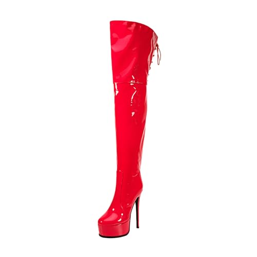 Image of Shiny leather Thigh high boots for Women Stiletto heel Platform Over the knee Round toe back zipper Sexy Front Strappy high heel Cosplay Custume unisex boots
