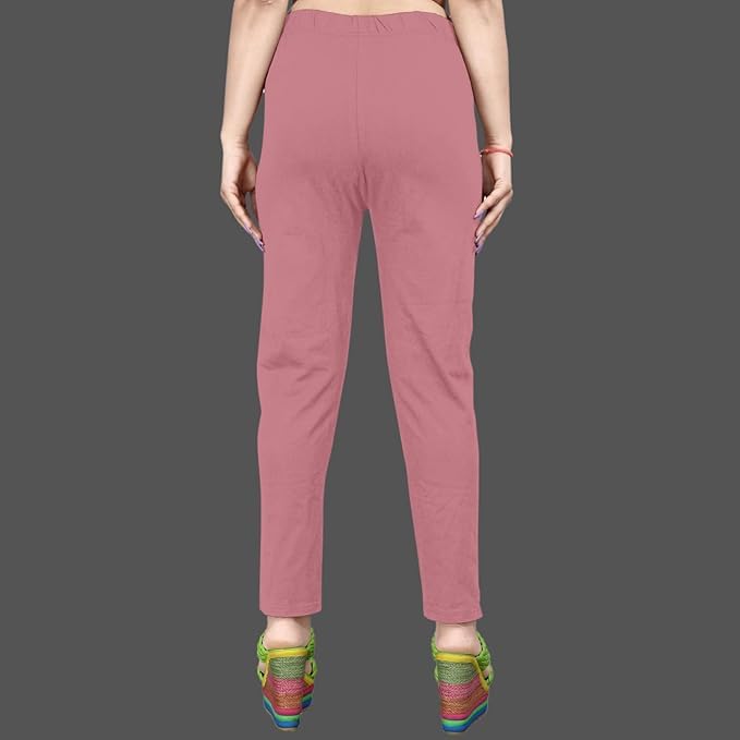 Image of Women's Solid Cotton Lycra Pants-High Waist Slim Fit Stretchable Leggings - Comfortable Long Trousers for Casual, Office & Everyday Wear