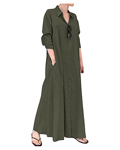 Image of Ladyful Women's Cotton Linen Maxi Dress Summer Long Sleeve Shirt Dress | Button down, Collared, Pockets, Solid color /Striped, Summer Caftans for women, Plus size, Cotton maxi dress for Party, Beach