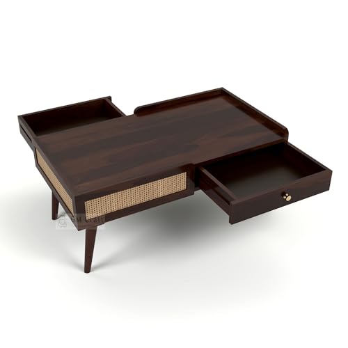 Image of Solid Sheesham Wood Coffee Table for Living Room | Centre Table with Storage Drawer & Cane Work | Modern Wooden Table for Home Office | 40.5x22x18 Inch | Walnut Finish