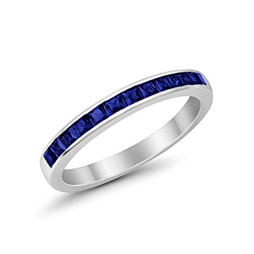 3mm Princess Cut Half Eternity Wedding Band RingSimulated Blue Sapphire Cubic Zirconia 925 Sterling Silver Size-8