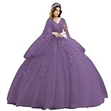 Mauuwy Dusty Mauve Princess Quinceanera Dresses Illusion Long Sleeve Beaded Sparkly Corset Puffy Skirt vesridos de 15 años V Neck Ball Gowns Size 10