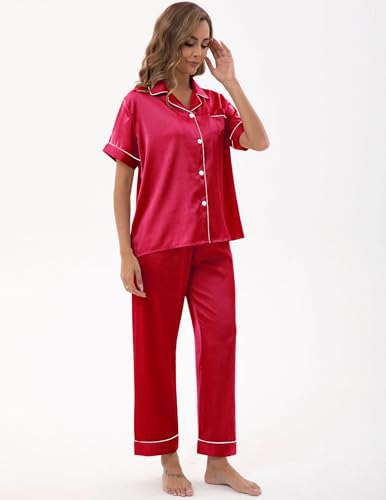 Image of UMBY Silk Satin Pajamas for Women Set 2 Piece button down Soft Silk Pjs Sets Cozy Silky Pajama Short Sleeve